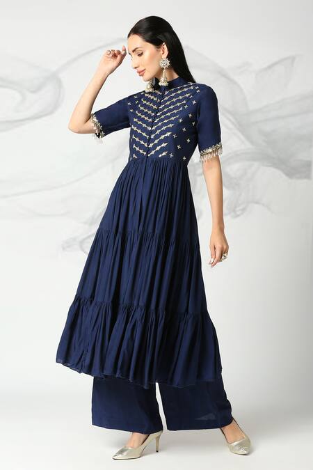 Buy_Adamantia_Blue Muslin Silk Hand Embroidered Cut Dana Yoke Anarkali And Palazzo Set  _Online_at_Aza_Fashions