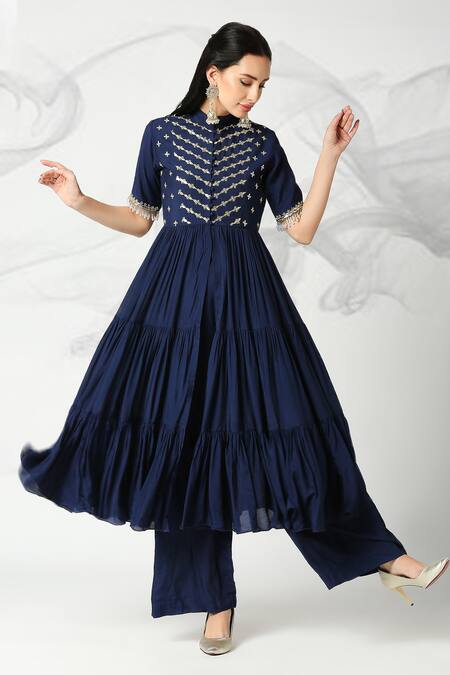 Shop_Adamantia_Blue Muslin Silk Hand Embroidered Cut Dana Yoke Anarkali And Palazzo Set  _Online_at_Aza_Fashions