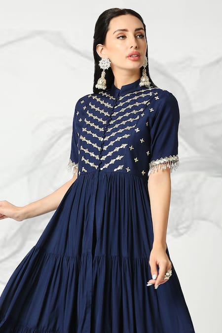 Adamantia_Blue Muslin Silk Hand Embroidered Cut Dana Yoke Anarkali And Palazzo Set  _at_Aza_Fashions