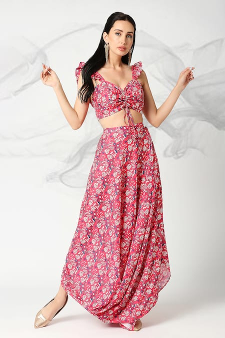 Adamantia Red Muslin Silk Printed Floral Sweetheart Neck Top And Draped Skirt Set 