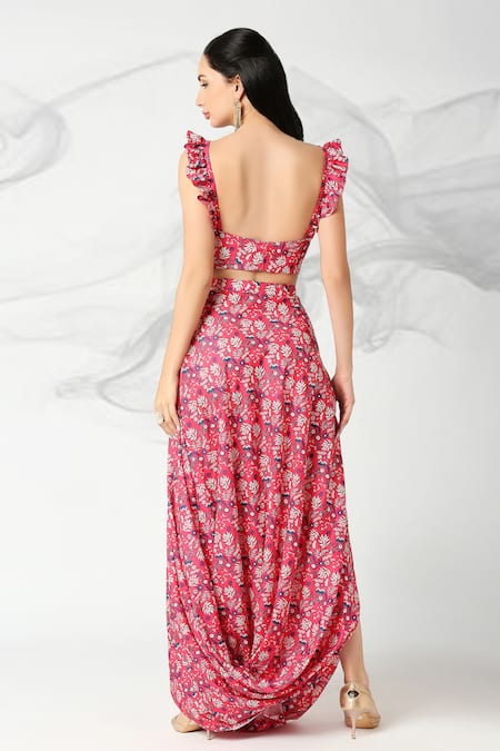 Adamantia Floral Print Top & Draped Skirt Set 