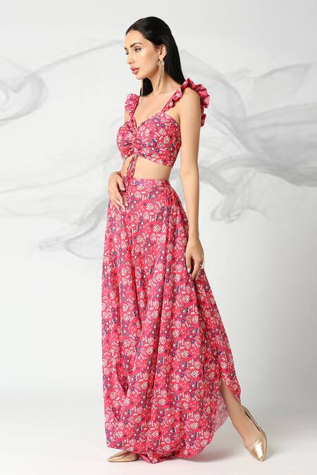 Adamantia_Red Muslin, Silk Embroidery Sweetheart Neck Floral Print Top And Draped Skirt Set _Online_at_Aza_Fashions