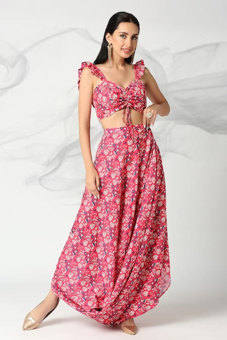 Buy_Adamantia_Red Muslin, Silk Embroidery Sweetheart Neck Floral Print Top And Draped Skirt Set _Online_at_Aza_Fashions