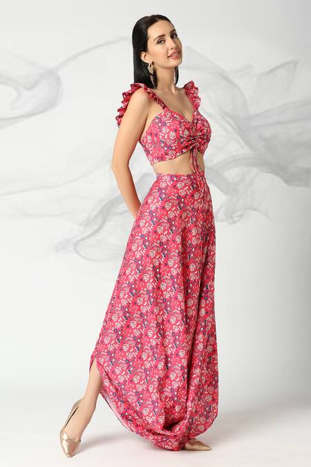 Shop_Adamantia_Red Muslin, Silk Embroidery Sweetheart Neck Floral Print Top And Draped Skirt Set _Online_at_Aza_Fashions