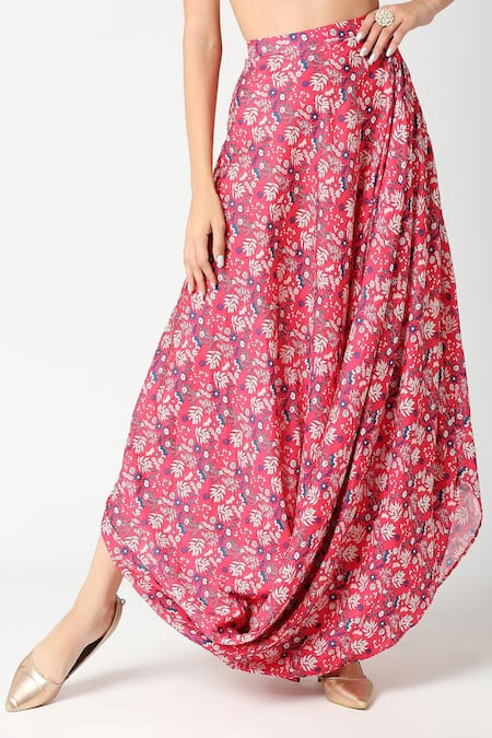 Adamantia_Red Muslin, Silk Embroidery Sweetheart Neck Floral Print Top And Draped Skirt Set _at_Aza_Fashions