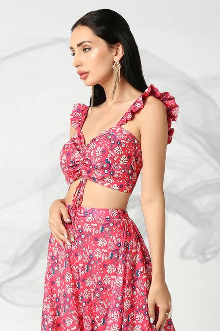 Buy_Adamantia_Red Muslin, Silk Embroidery Sweetheart Neck Floral Print Top And Draped Skirt Set 