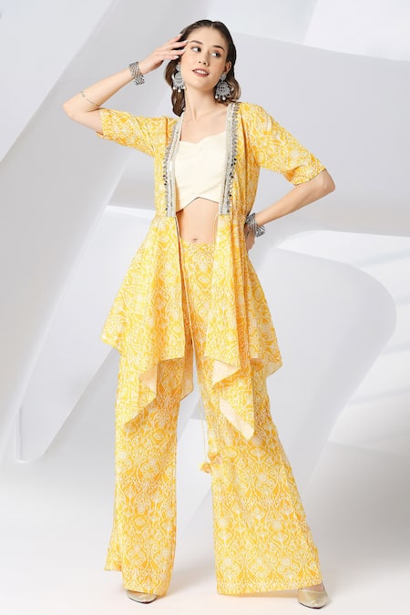 Adamantia Vintage Print Asymmetric Jacket Pant Set 