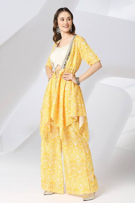 Adamantia_Yellow Muslin, Silk Mirrors, Sequins Vintage Print Asymmetric Jacket Pant Set _Online_at_Aza_Fashions