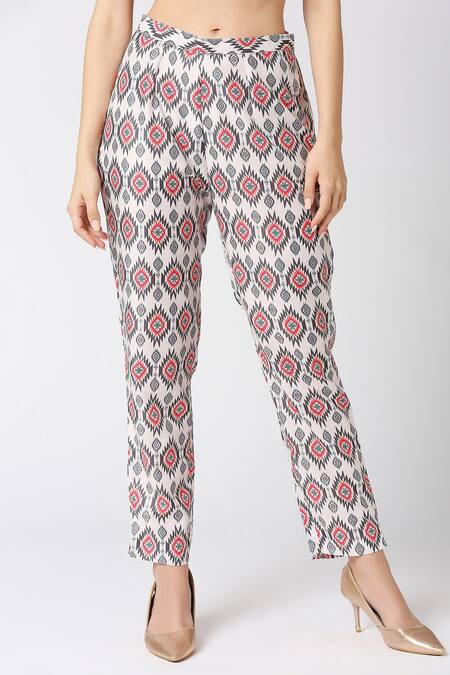 Shop_Adamantia_Off White Muslin Silk Printed And Hand Embroidered Ikat Kurta & Pant Set  _Online_at_Aza_Fashions