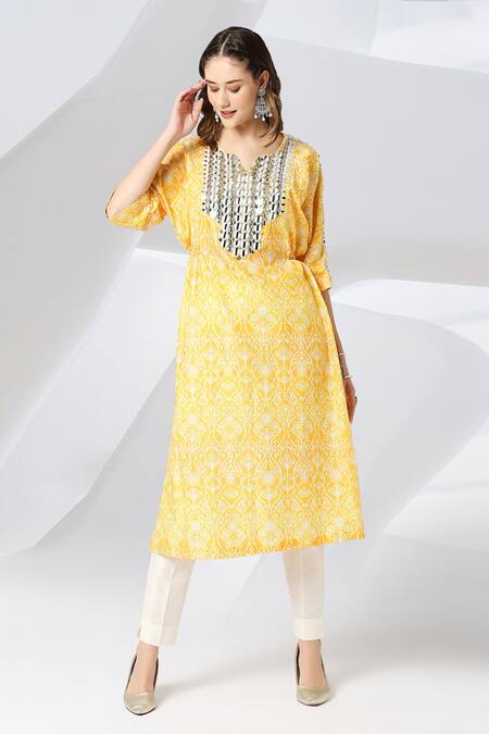 Buy_Adamantia_Yellow Muslin, Silk Mirrors, Zari Round Neck Vintage Print Kaftan And Pant Set _Online_at_Aza_Fashions