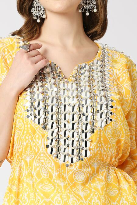 Shop_Adamantia_Yellow Muslin, Silk Mirrors, Zari Round Neck Vintage Print Kaftan And Pant Set _Online_at_Aza_Fashions