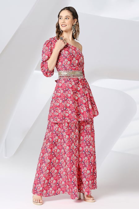 Adamantia_Red Muslin Silk Printed And Hand Embroidered Peplum Kurta & Sharara Set  _Online_at_Aza_Fashions