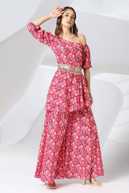 Shop_Adamantia_Red Muslin Silk Printed And Hand Embroidered Peplum Kurta & Sharara Set  _Online_at_Aza_Fashions