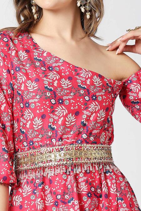 Adamantia_Red Muslin Silk Printed And Hand Embroidered Peplum Kurta & Sharara Set  _at_Aza_Fashions