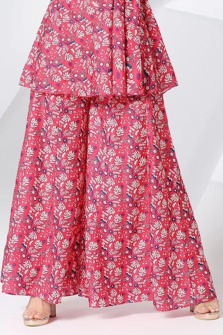 Buy_Adamantia_Red Muslin Silk Printed And Hand Embroidered Peplum Kurta & Sharara Set  