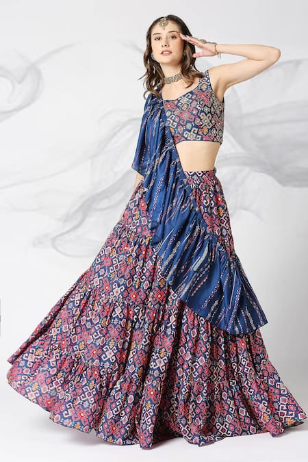 Adamantia_Blue Muslin Silk Printed And Hand Embroidered Patola Tiered Lehenga Set  _Online_at_Aza_Fashions