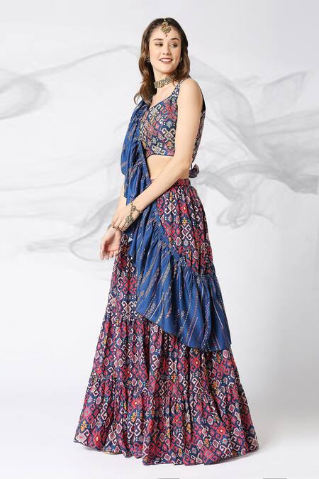 Buy_Adamantia_Blue Muslin Silk Printed And Hand Embroidered Patola Tiered Lehenga Set  _Online_at_Aza_Fashions
