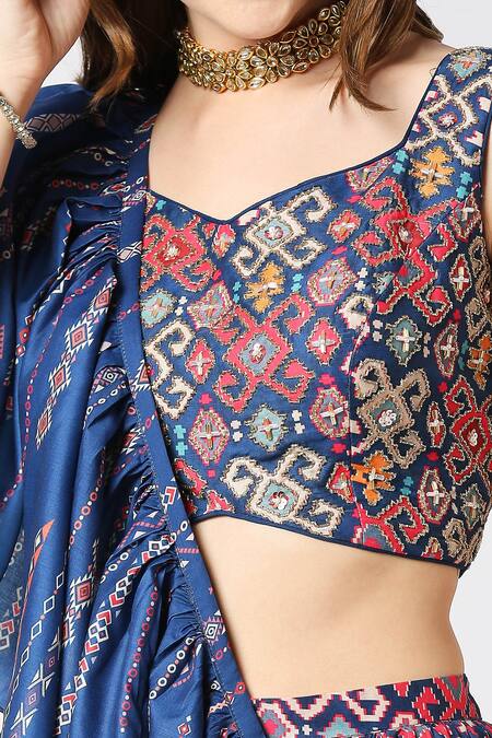 Shop_Adamantia_Blue Muslin Silk Printed And Hand Embroidered Patola Tiered Lehenga Set  _Online_at_Aza_Fashions