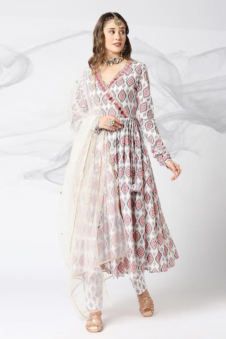 Adamantia Off White Muslin Silk Printed And Hand Embroidered Angarkha Anarkali Set  