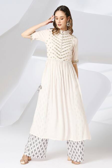 Buy_Adamantia_Off White Muslin, Silk Sequins, Embroidered Yoke Anarkali And Printed Palazzo Set _Online_at_Aza_Fashions