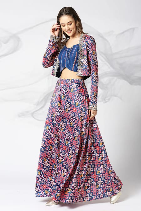Adamantia_Blue Satin Printed And Hand Embroidered Patola Jacket Open Flared Pant Set _Online_at_Aza_Fashions