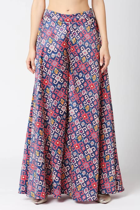 Shop_Adamantia_Blue Satin Printed And Hand Embroidered Patola Jacket Open Flared Pant Set _Online_at_Aza_Fashions