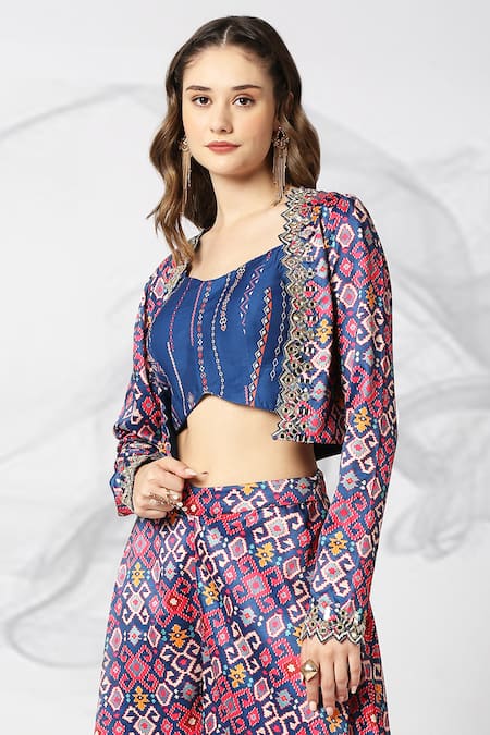 Adamantia_Blue Satin Printed And Hand Embroidered Patola Jacket Open Flared Pant Set _at_Aza_Fashions