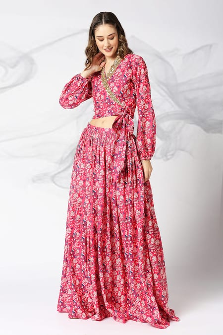 Adamantia_Red Muslin, Silk Sequins, Cut Work, Embroidery Floral Print Lehenga And Blouse Set _Online_at_Aza_Fashions