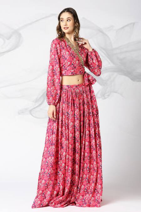 Buy_Adamantia_Red Muslin, Silk Sequins, Cut Work, Embroidery Floral Print Lehenga And Blouse Set _Online_at_Aza_Fashions