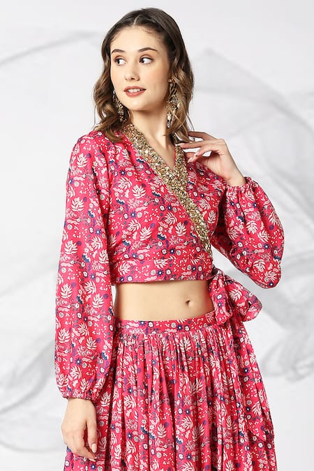 Adamantia_Red Muslin, Silk Sequins, Cut Work, Embroidery Floral Print Lehenga And Blouse Set _at_Aza_Fashions