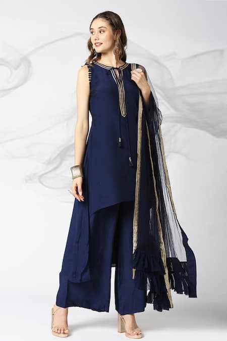 Adamantia_Blue Muslin, Silk, Net Sequins, Ruffles Embroidered Asymmetric Kurta Palazzo Set _Online_at_Aza_Fashions