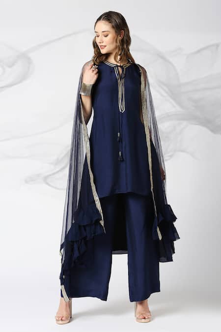 Buy_Adamantia_Blue Muslin, Silk, Net Sequins, Ruffles Embroidered Asymmetric Kurta Palazzo Set _Online_at_Aza_Fashions