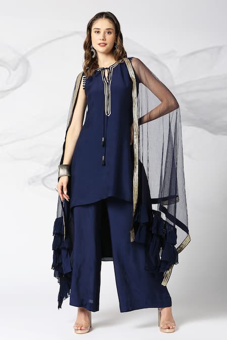 Shop_Adamantia_Blue Muslin, Silk, Net Sequins, Ruffles Embroidered Asymmetric Kurta Palazzo Set _Online_at_Aza_Fashions