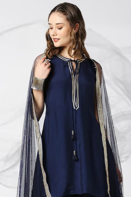 Adamantia_Blue Muslin, Silk, Net Sequins, Ruffles Embroidered Asymmetric Kurta Palazzo Set _at_Aza_Fashions