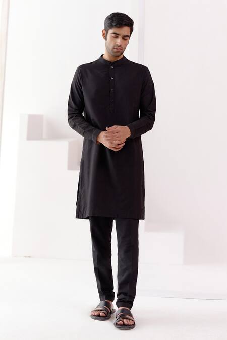 Devnaagri_Black Cotton, Silk Embroidery Bundi And Kurta Set _Online_at_Aza_Fashions