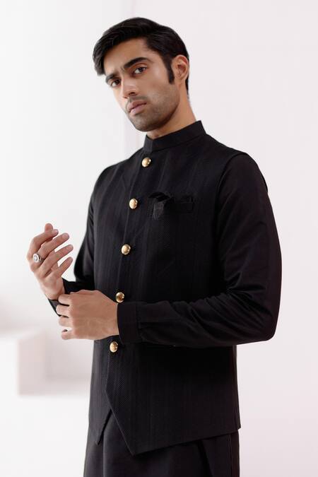 Buy_Devnaagri_Black Cotton, Silk Embroidery Bundi And Kurta Set _Online_at_Aza_Fashions