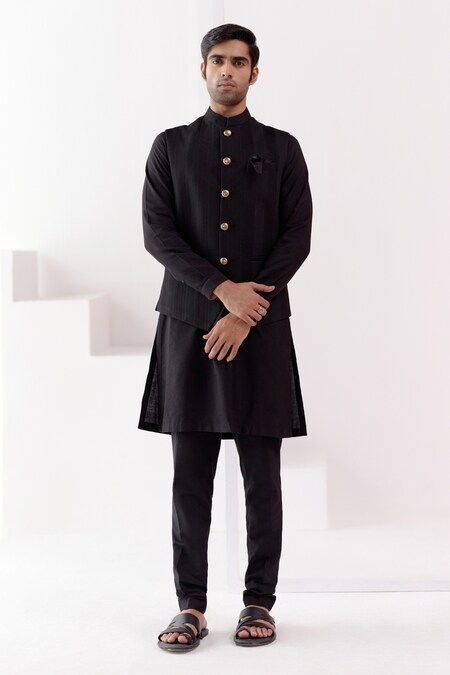 Devnaagri Black Cotton Silk Blend Embroidery Pintuck Pattern Bundi And Kurta Set 