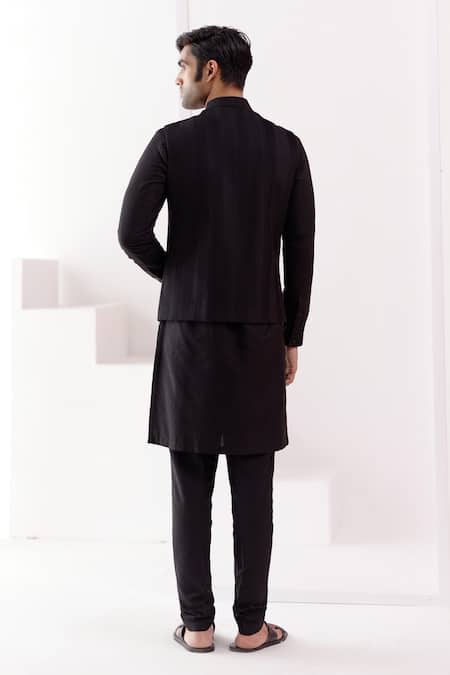 Shop_Devnaagri_Black Cotton, Silk Embroidery Bundi And Kurta Set _at_Aza_Fashions