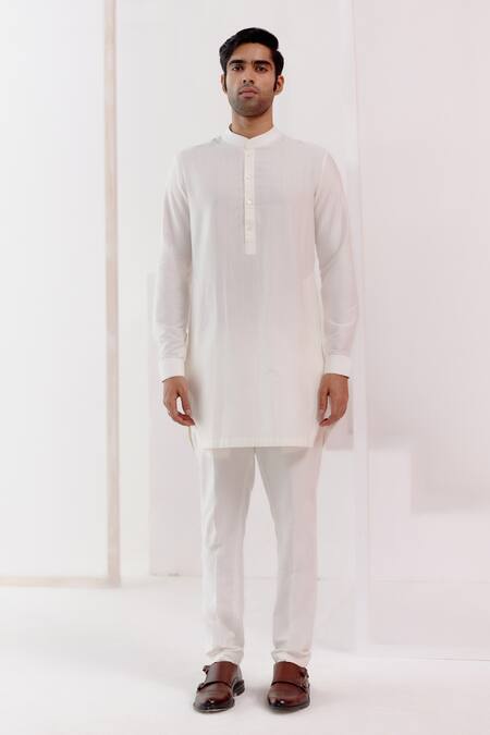 Devnaagri_Ivory Cotton, Silk Pintuck Kurta Set _Online_at_Aza_Fashions