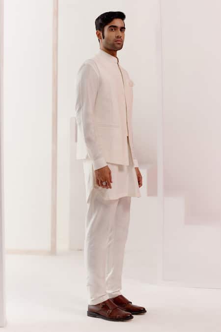 Shop_Devnaagri_Ivory Cotton, Silk Pintuck Kurta Set _Online_at_Aza_Fashions