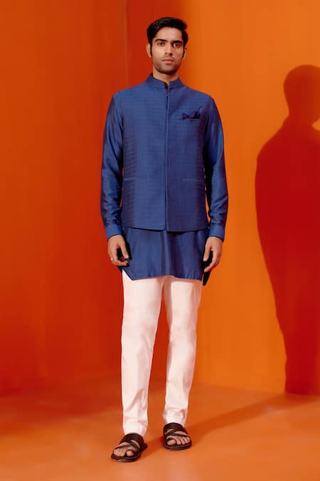 Devnaagri Blue Cotton Silk Blend Pintuck Textured Bundi And Kurta Set 