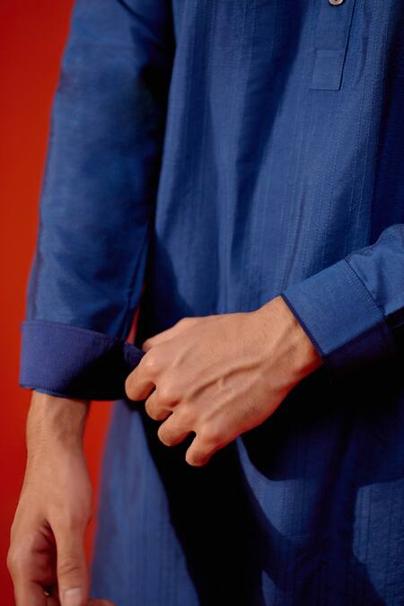 Shop_Devnaagri_Blue Cotton, Silk Pintuck Textured Bundi Set _Online_at_Aza_Fashions