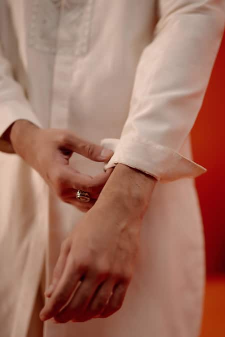 Devnaagri Ivory Silk, Cotton Embroidery Placket Kurta With Churidar Online at Aza Fashions Devnaagri_Ivory Silk, Cotton Embroidery Placket Kurta With Churidar _Online_at_Aza_Fashions