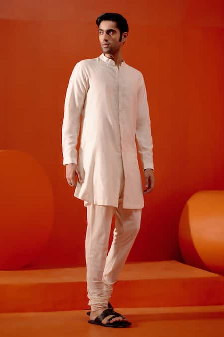 Shop Devnaagri Ivory Silk, Cotton Embroidery Placket Kurta With Churidar Online at Aza Fashions Shop_Devnaagri_Ivory Silk, Cotton Embroidery Placket Kurta With Churidar _Online_at_Aza_Fashions