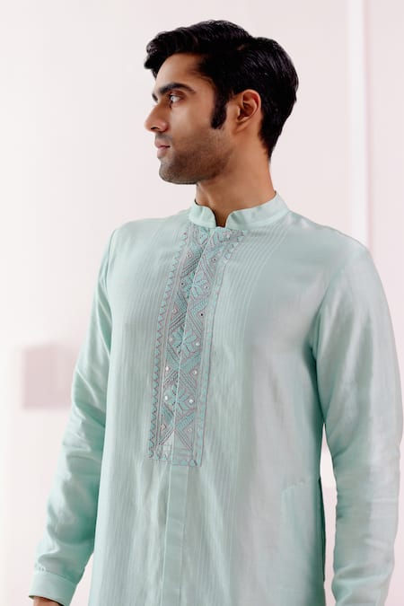 Devnaagri Blue Silk, Cotton Embroidery Floral Placket Kurta With Churidar Online at Aza Fashions Devnaagri_Blue Silk, Cotton Embroidery Floral Placket Kurta With Churidar _Online_at_Aza_Fashions