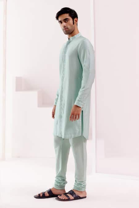 Shop Devnaagri Blue Silk, Cotton Embroidery Floral Placket Kurta With Churidar Online at Aza Fashions Shop_Devnaagri_Blue Silk, Cotton Embroidery Floral Placket Kurta With Churidar _Online_at_Aza_Fashions