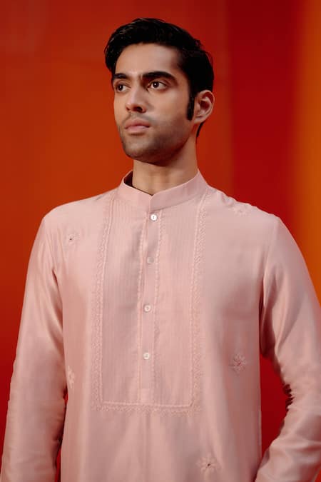 Devnaagri Pink Silk, Chanderi, Cotton Embroidery Scattered Butti Kurta With Churidar Online at Aza Fashions Devnaagri_Pink Silk, Chanderi, Cotton Embroidery Scattered Butti Kurta With Churidar _Online_at_Aza_Fashions