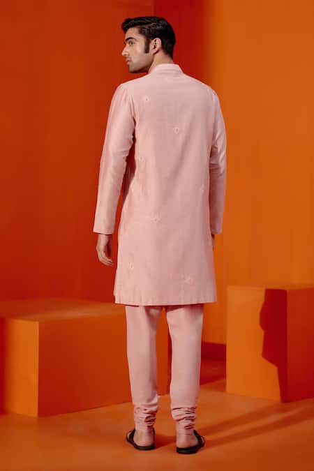 Shop Devnaagri Pink Silk, Chanderi, Cotton Embroidery Scattered Butti Kurta With Churidar at Aza Fashions Shop_Devnaagri_Pink Silk, Chanderi, Cotton Embroidery Scattered Butti Kurta With Churidar _at_Aza_Fashions