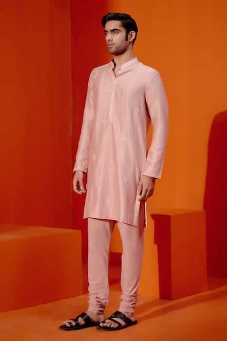 Shop Devnaagri Pink Silk, Chanderi, Cotton Embroidery Scattered Butti Kurta With Churidar Online at Aza Fashions Shop_Devnaagri_Pink Silk, Chanderi, Cotton Embroidery Scattered Butti Kurta With Churidar _Online_at_Aza_Fashions