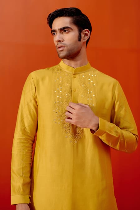 Devnaagri Yellow Silk, Chanderi, Cotton Dori Embroidered Yoke Kurta With Pant Online at Aza Fashions Devnaagri_Yellow Silk, Chanderi, Cotton Dori Embroidered Yoke Kurta With Pant _Online_at_Aza_Fashions